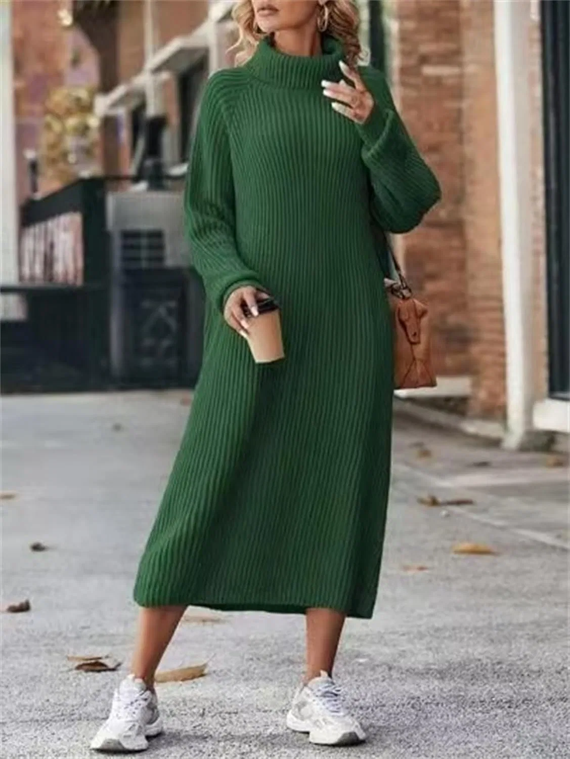 Женское платье-свитер миди с водолазкой Ribbed Knit, Green — фото 3