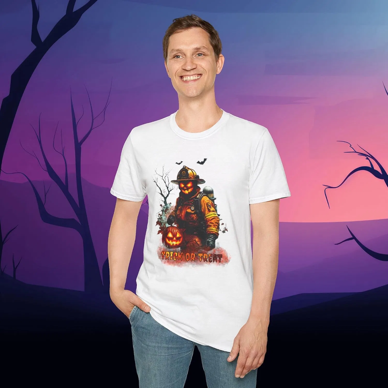 Унисекс футболка с принтом Jack O'Lantern Firefighter Gildan 64000, White — фото 4