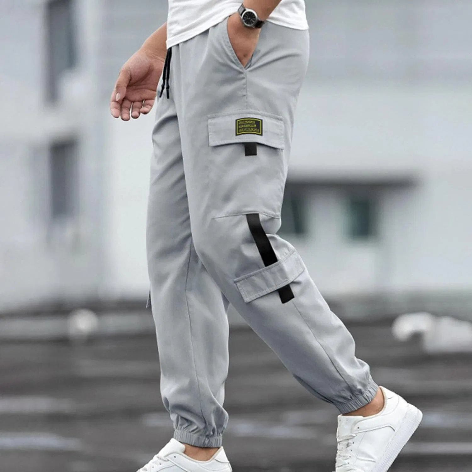 Мужские карго-брюки свободного кроя, Classic Elastic Waisted Retro Casual Cargo Sweatpants, серый — фото 2