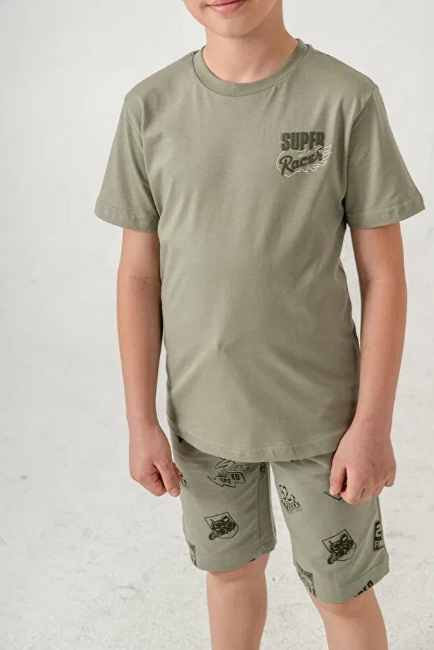 Детский комплект для мальчиков с принтом Super Racer Printed Boys Shorts - T-Shirt Set Mışıl Kids, Oliv — фото 4