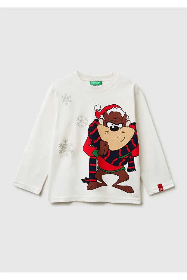 Детская футболка для мальчиков оверсайз с принтом Tasmanian Printed Logo Tag United Colors Of Benetton, Ecru