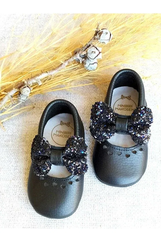 Детские мокасины для девочек кожаные Princess model Minibiri, Black — фото 2