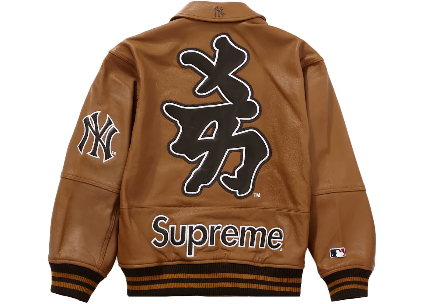 Мужская кожаная куртка-бомбер с кандзи Supreme New York Yankees, Brown — фото 3