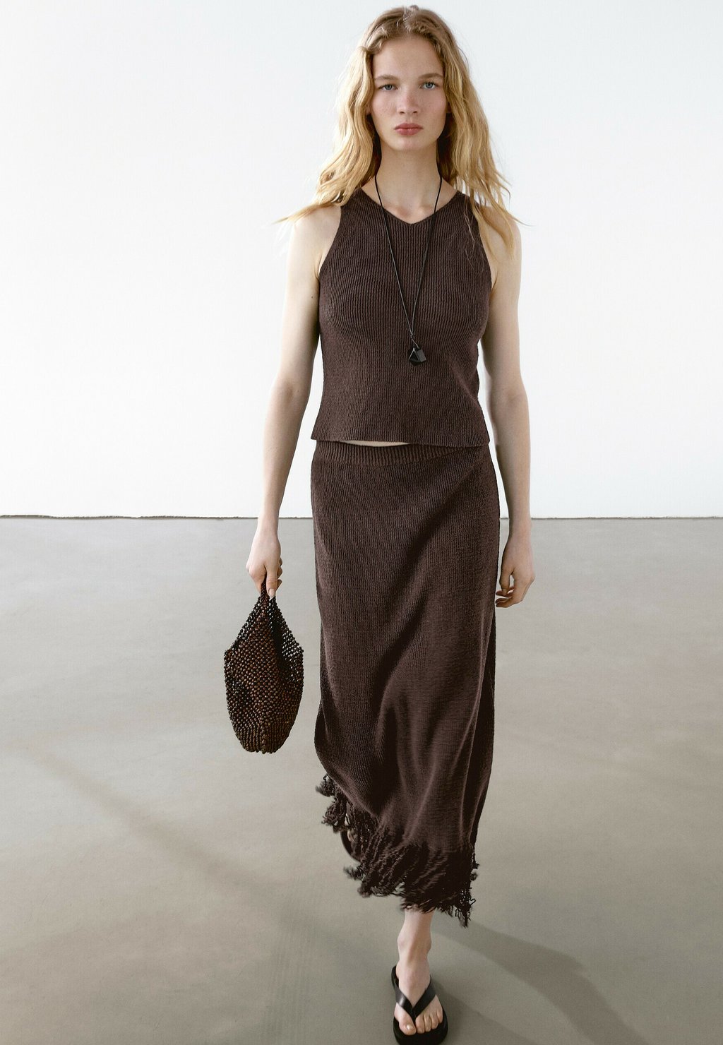 

Юбка макси WITH FRINGED HEM Massimo Dutti, цвет Mottled Dark Brown