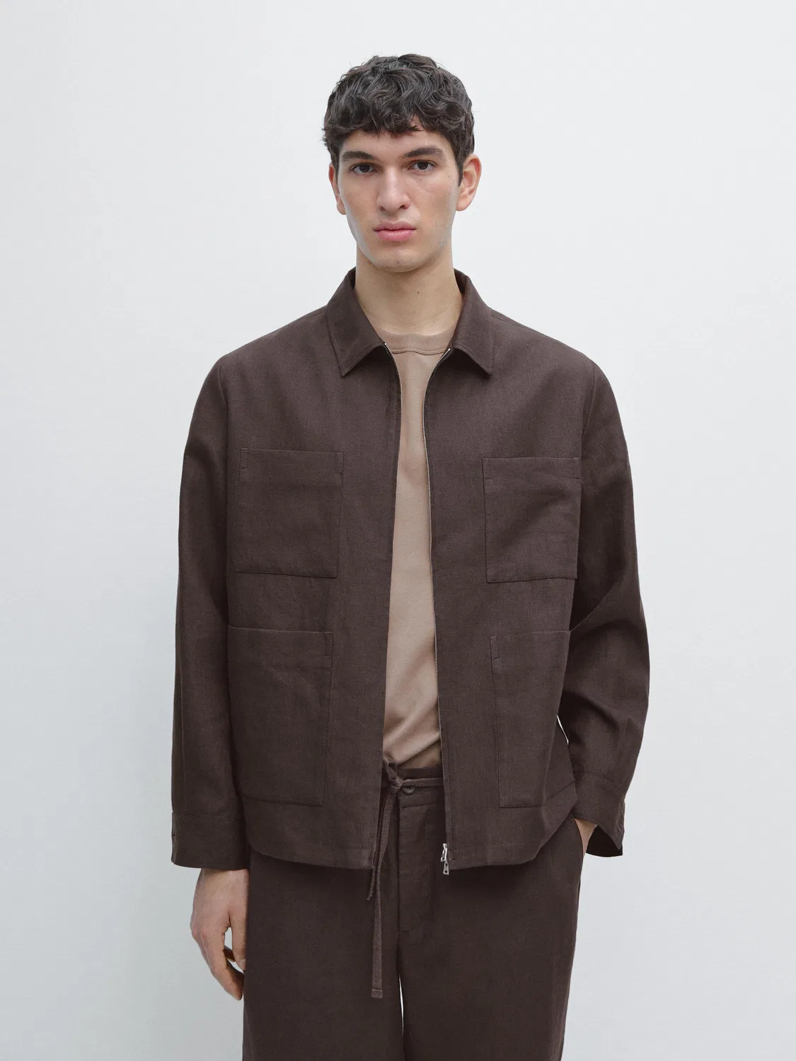 Льняная рубашка в стиле "Total Look" Massimo Dutti, шоколадный — фото 2