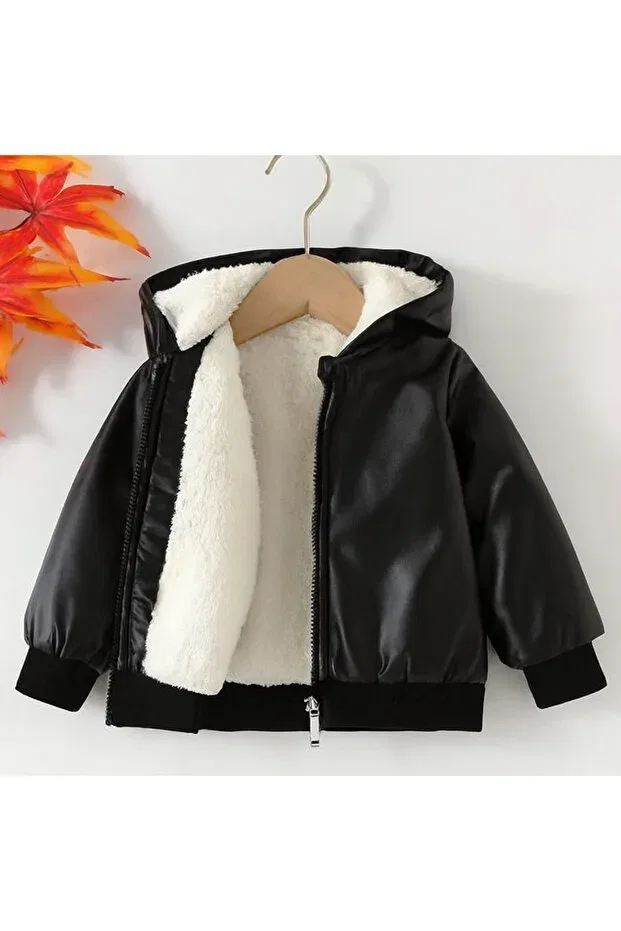 Детское пальто для девочек с длинным рукавом Faux leather coat with plush details inside, wind and rain resistant Shop, Black