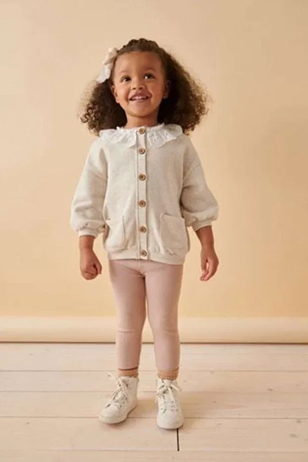 Детский комплект для девочек с принтом Pink Leggings And Cotton Cream Lace Collar Cardigan Set Next Baby, Cream
