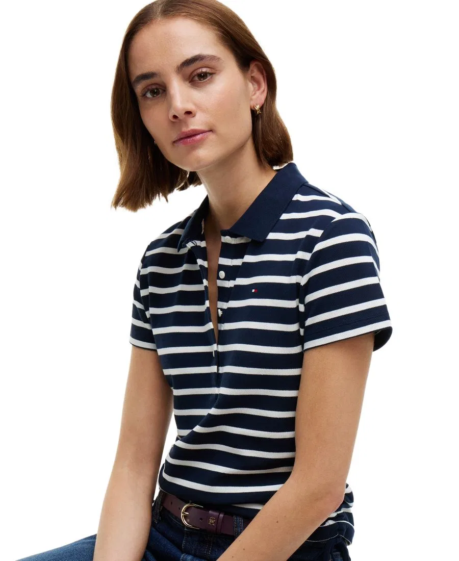 Женская футболка-поло с коротким рукавом и шнурком Tommy Hilfiger, Breton Stp Dark Blue Ecru — фото 3