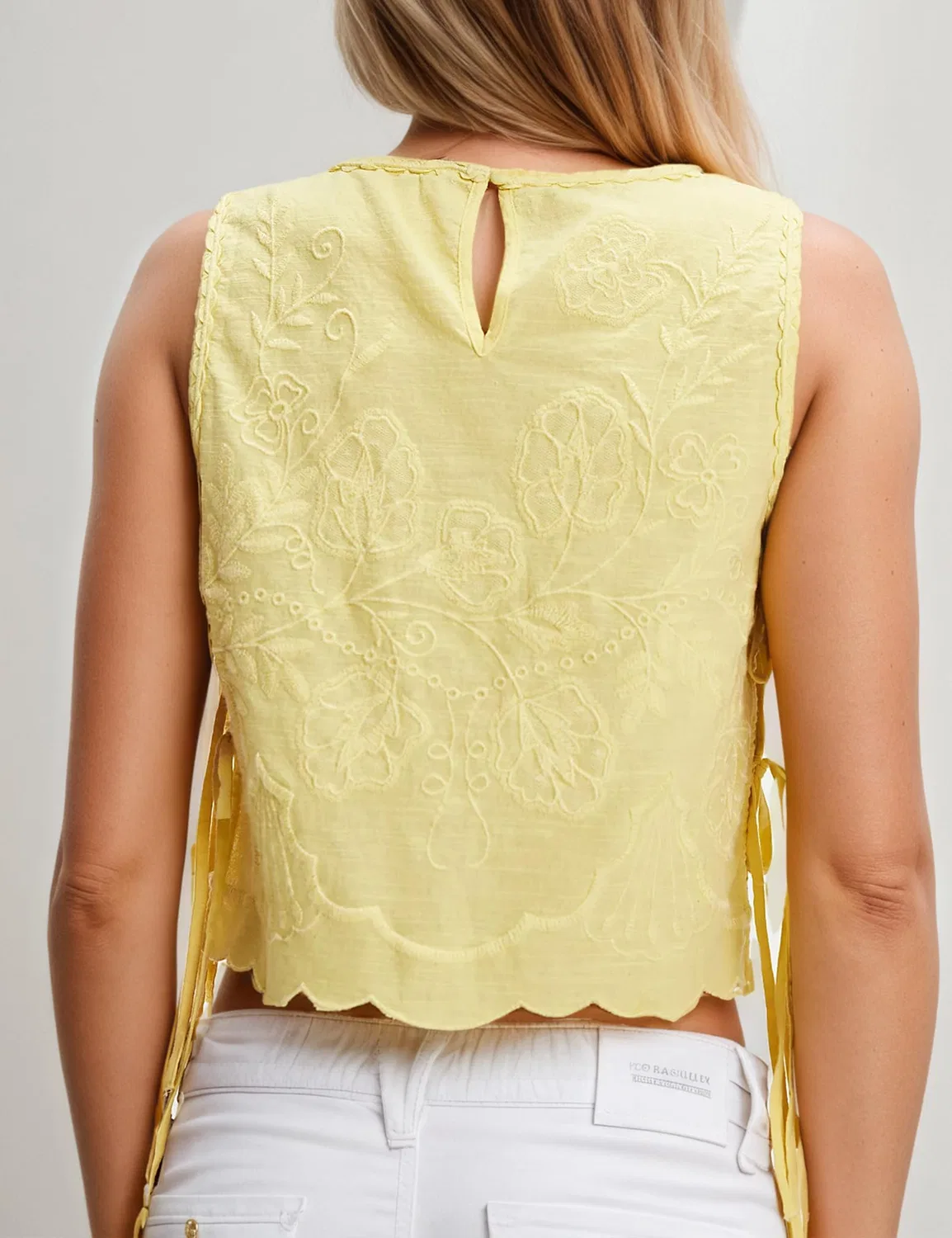 Женский топ без рукавов с принтом Donne Estate Spiaggia Boho Eyelet Ricamato Cravatta Canottiere Button Down Moda Carino Y2k Vestiti, Giallo Floreale — фото 3