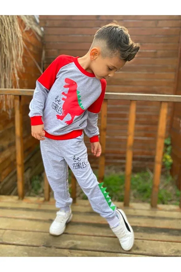 Детский спортивный костюм с принтом Dinosaur motif two thread fabric kids tracksuit mnk0564 Mnk Baby&Kids, Red — фото 2