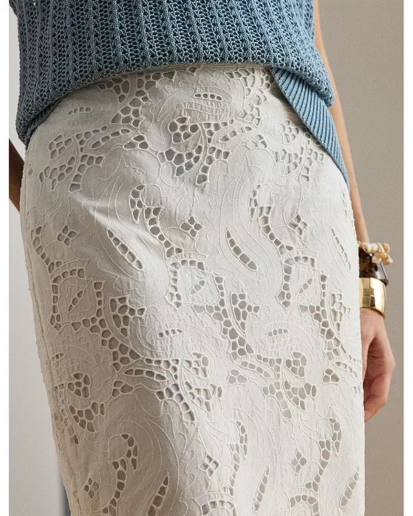 Женская юбка с вышивкой Paisley Eyelet Midi Pencil Skirt Ralph Lauren, белый — фото 4