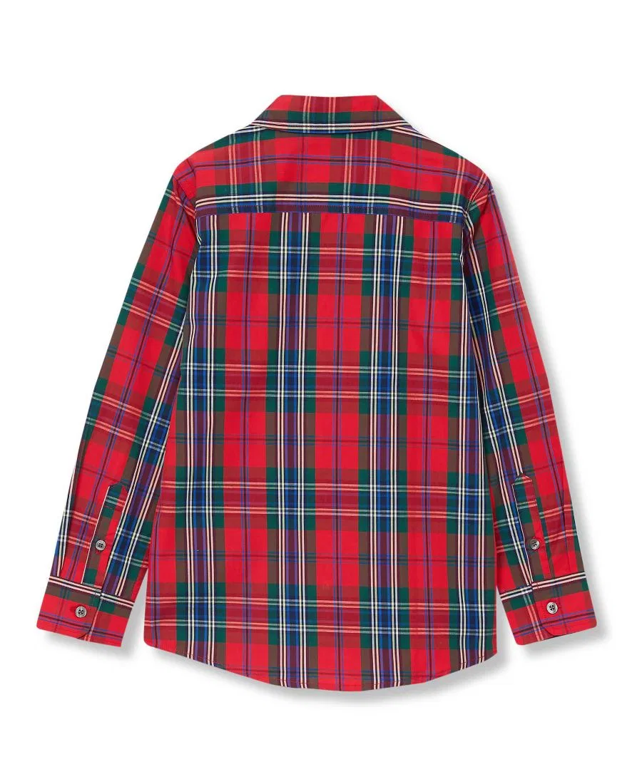 Рубашка с длинным рукавом в клетку Boys Holiday Long Sleeve Poplin Lands' End, Bright Red Multi Plaid — фото 2