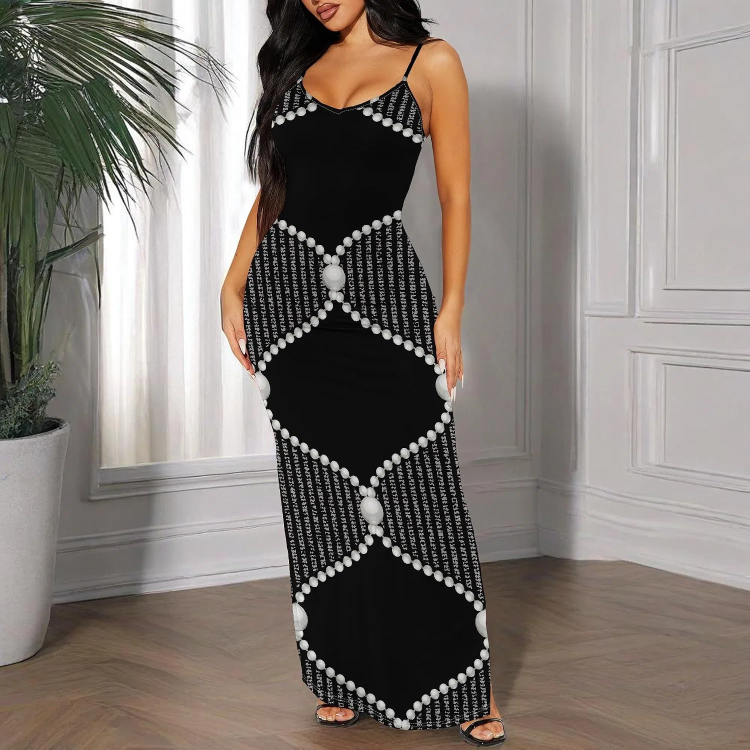 Женское платье-макси с разрезом, модель Bodycon Maxi Dress, черно-белое — фото 2