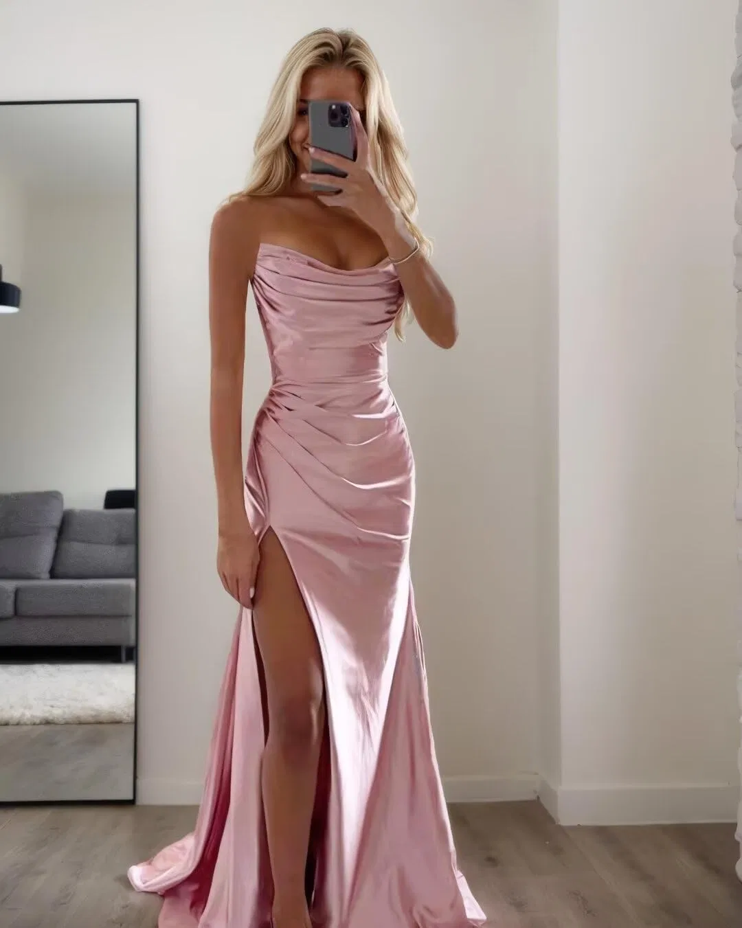 Женское вечернее платье-русалка с разрезом Satin MJ52, Lavender — фото 2