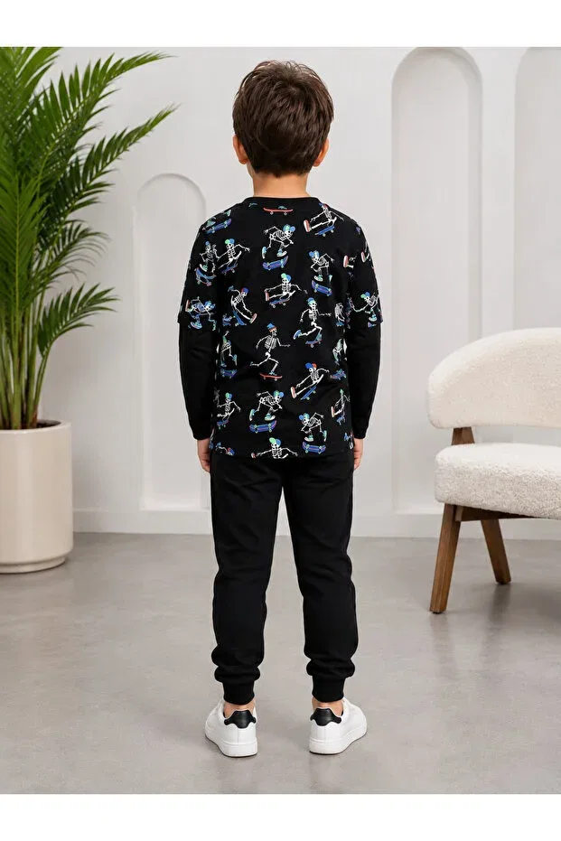 Детская футболка с принтом Crew neck skeleton skateboard printed children's t-shirt Modam Denstiny, Black — фото 2