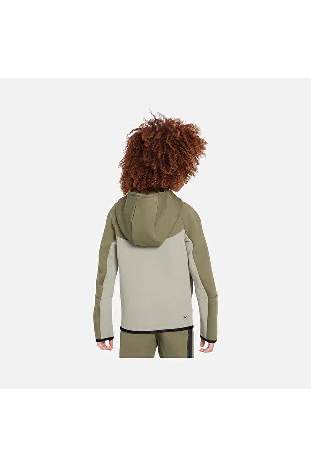 Детская для мальчиков худи с принтом Sportswear Smooth Tech Fleece Full-Zip Hooded Kids Sweatshirt Nike, Khaki — фото 3