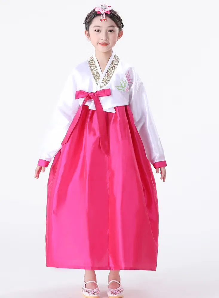 Костюм ханбок с шелковой юбкой комплект Korean girls kids hanbok Al Aoyama, белый с розовым — фото 2