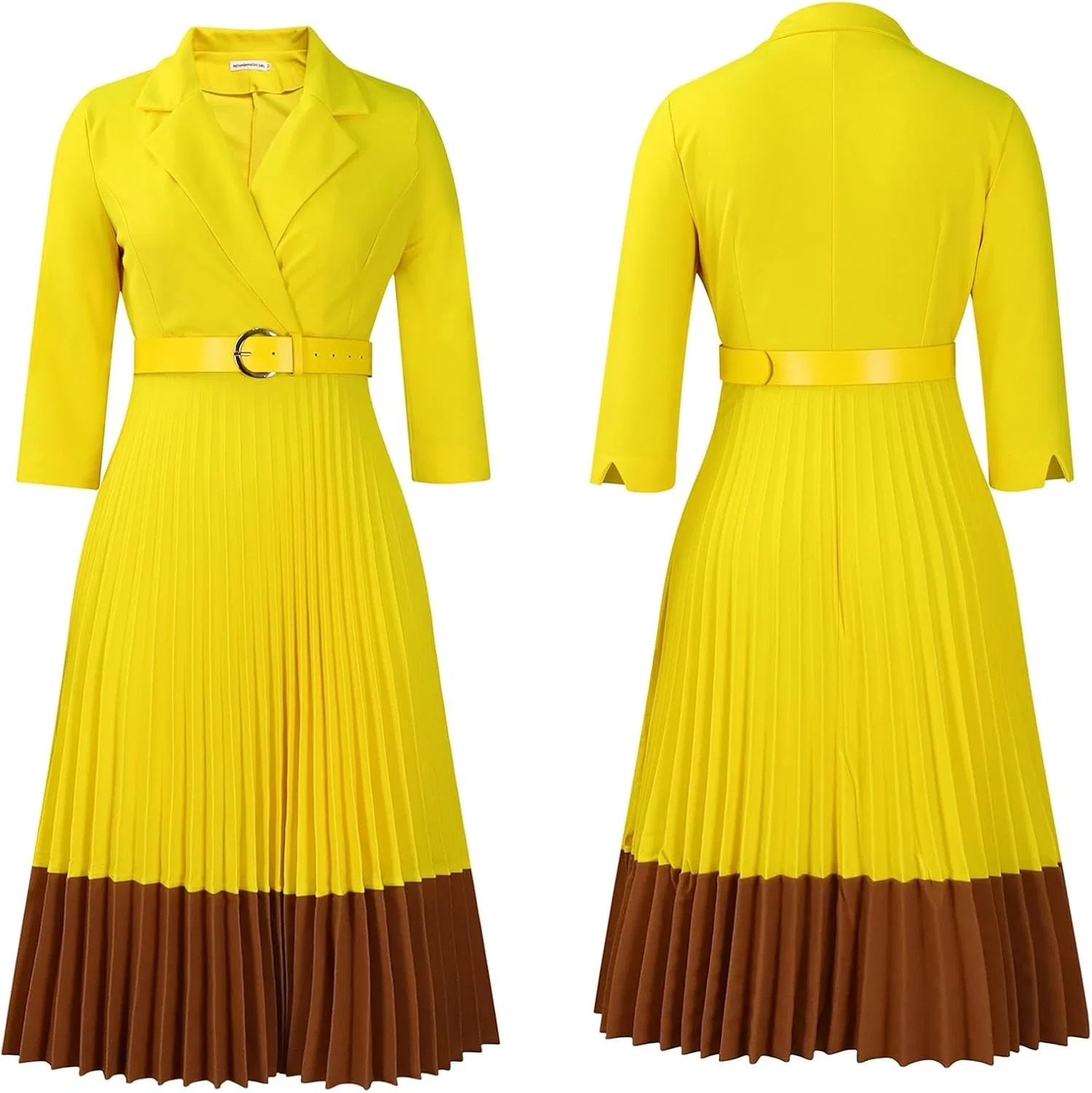 Женское миди-платье с поясом длинным рукавом Generic, Yellow — фото 4