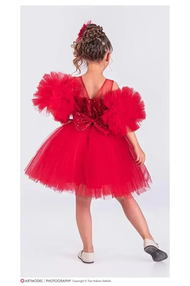 Детское платье для девочек с цветочным принтом Pompom Party Outfit Diamondstar, Red — фото 3