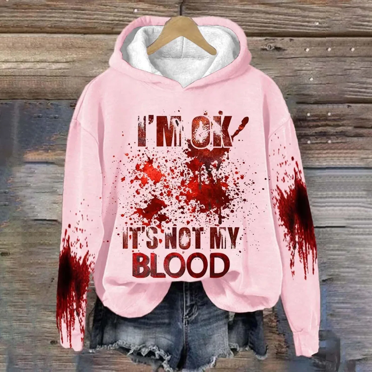 Женский худи с принтом I'M Ok Its Not My Blood, Z012 Pink — фото 2