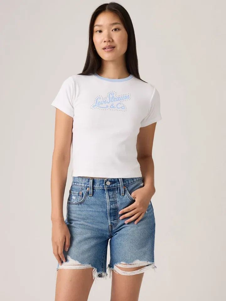 Женская облегающая хлопковая футболка Levi's, White/Light Blue