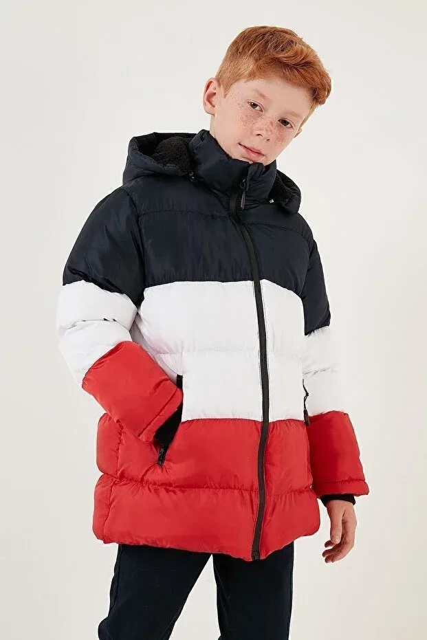 Детское пальто-пуховик для девочек с капюшоном Plush lined removable hooded puffer coat boy's coat 57611967 Lela, Navy-White-Red — фото 4