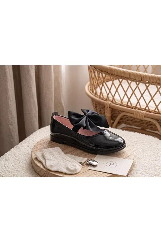 Детские балетки для девочек с бантом Candy Girl's Ballerinas Patik Ayakkabı, Black Rugan