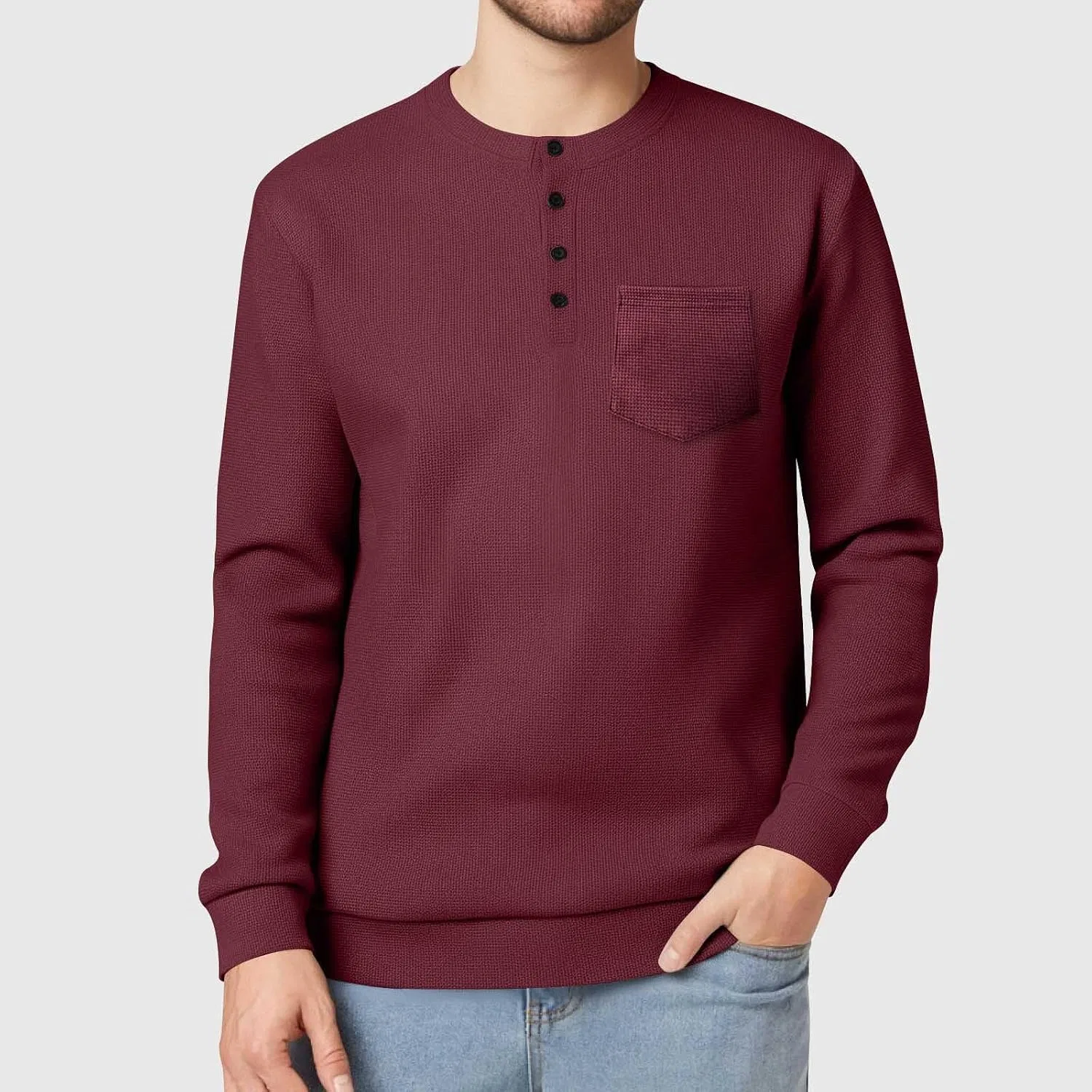 Мужская свободная футболка с воротником-поло Henley Long Sleeve Shirts for Men, Wine — фото 2