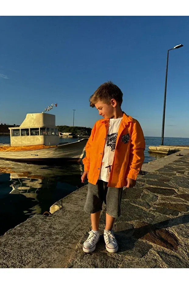 Детский комплект рубашек для мальчиков хлопковый с принтом Pollito, Orange — фото 3