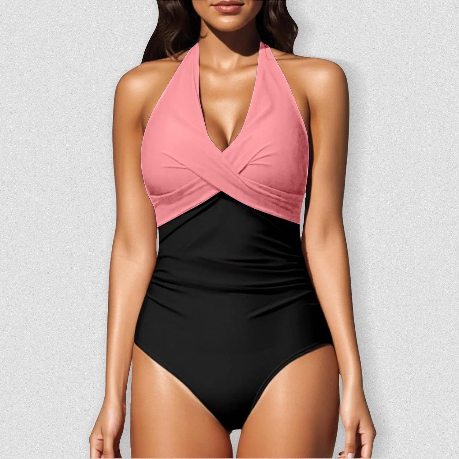 Женский цельнокроеный купальник с утяжкой живота Halter V-Neck, Pink — фото 2