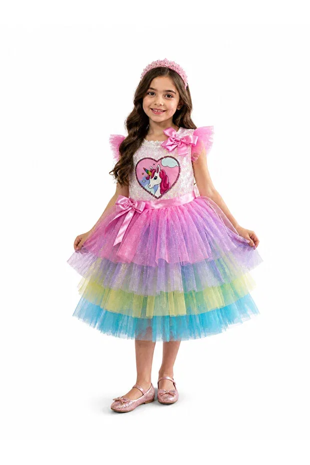 Детское платье для девочек с пайетками Unicorn girls dress sequin princess birthday party Tinytrends, Pink — фото 2