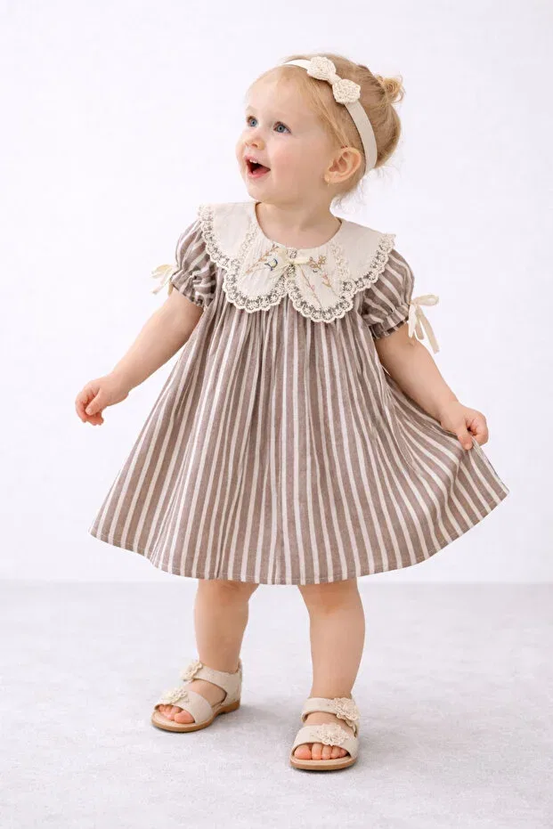 Детское платье для девочек с принтом Vintage Striped Dress Tifina Kids, Light Coffee — фото 4