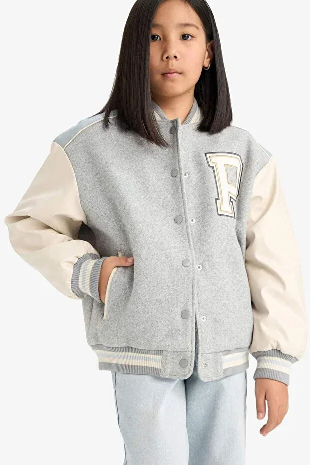 Детское пальто-бомбер с принтом для девочек College Collar Back Printed Bomber Coat Defacto, Gray-Gr379 — фото 4