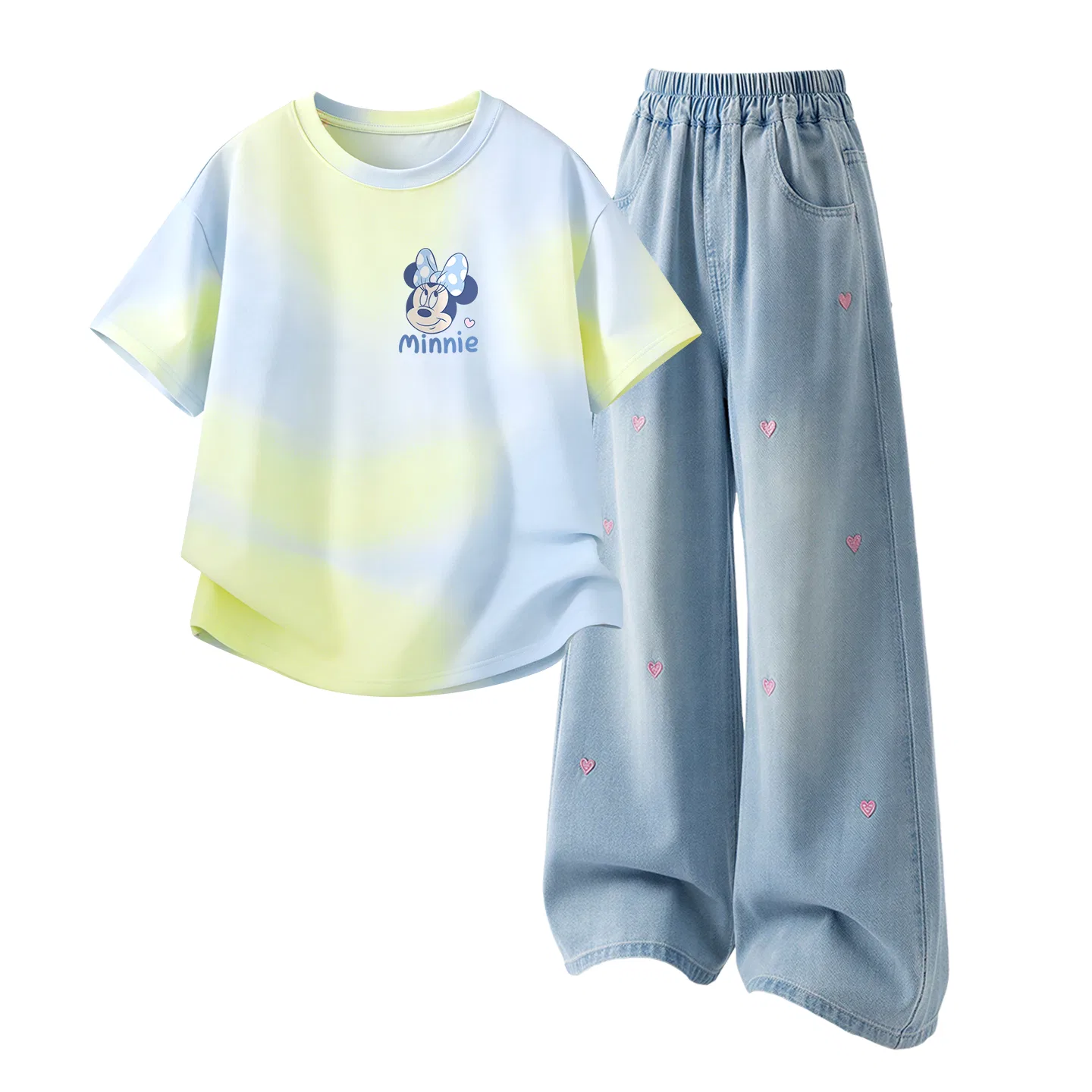 Детская повседневная спортивная футболка с круглым вырезом Disney, Di L Cute Nini K Cloud Blue+Solid Color Denim Light Blue