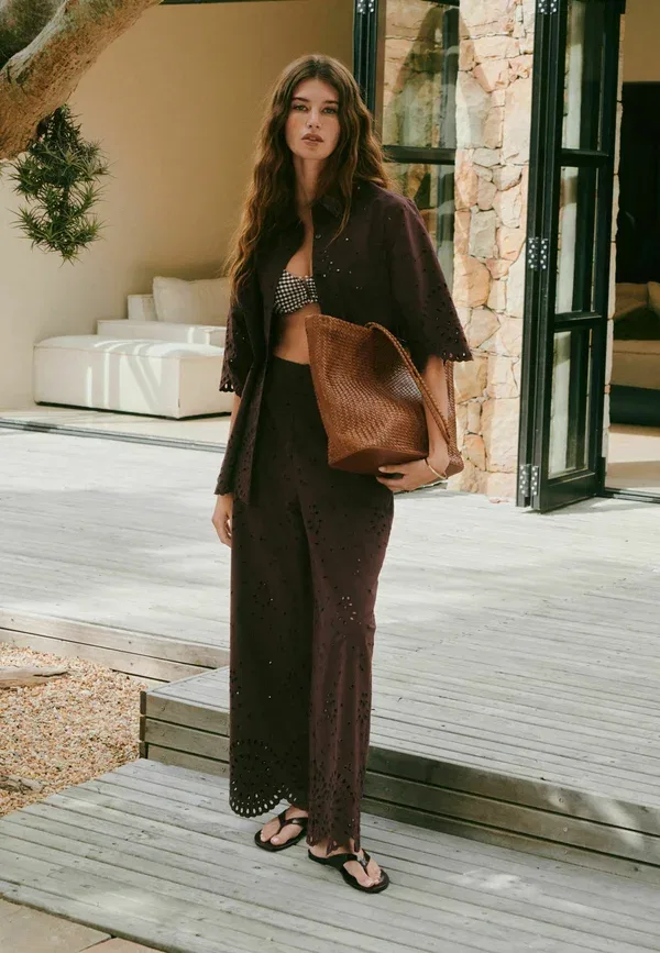 Брюки Next, Tall fit broderie crop wide leg trousers, шоколадно-коричневый