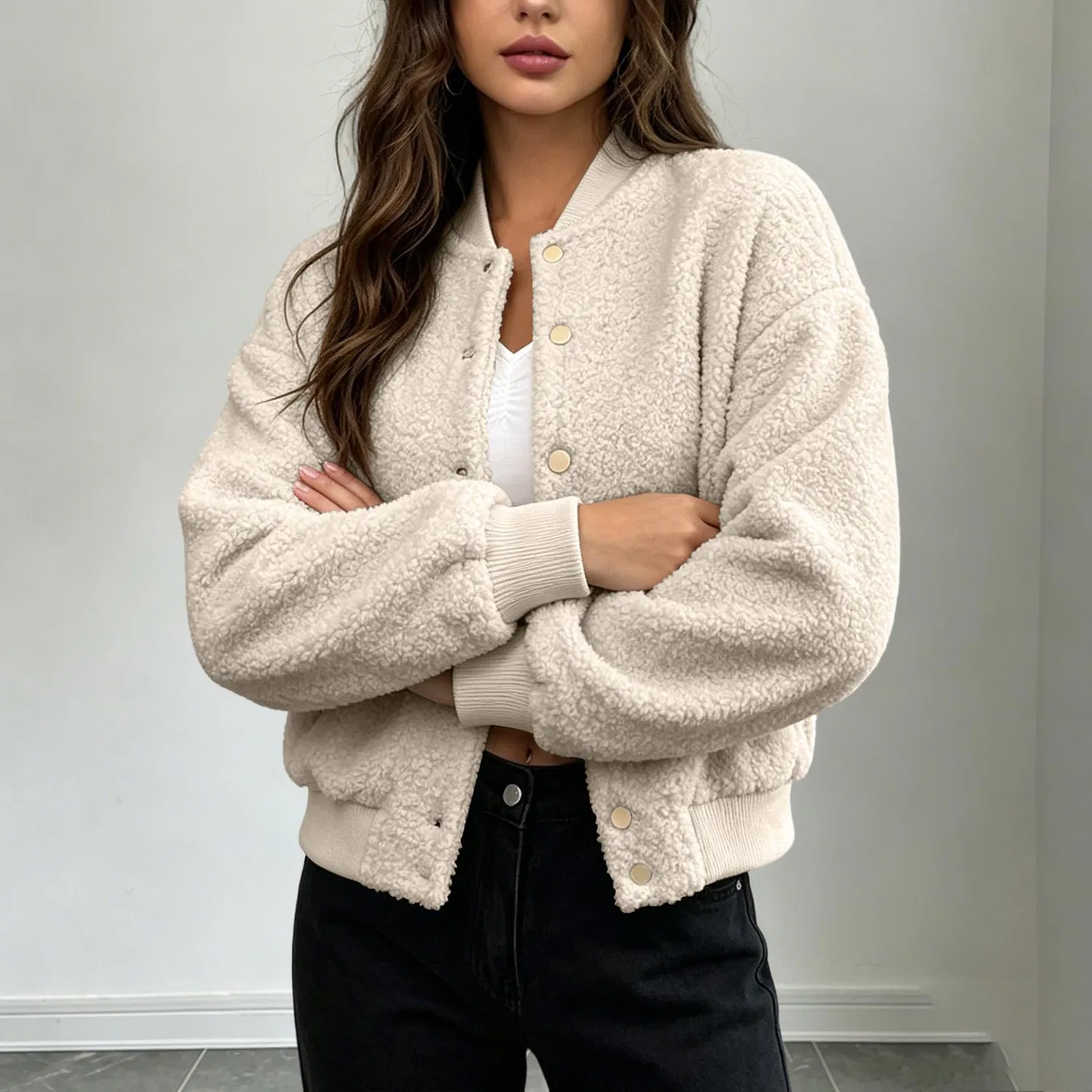 Женская куртка-бомбер с длинным рукавом, из флиса, модель Bomber in pile da donna UK, Beige — фото 3