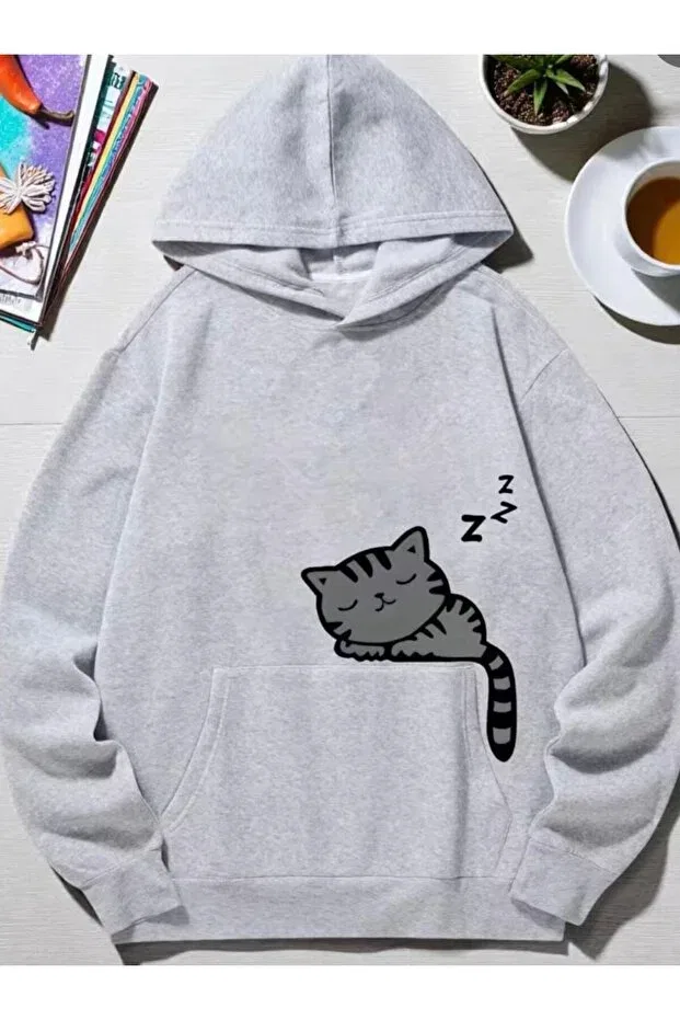 Детские свитшот с принтом Oversize Hooded sleepy cat printed 2-ply fleece Nigrum Pardus, Gray