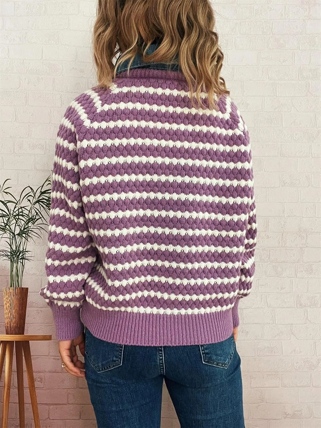 Женский свитер-пуловер с V-образным вырезом и отложным воротником, Vintage Cable Knitted — фото 4
