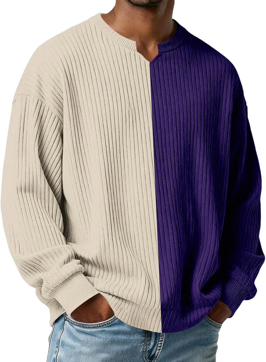 Мужской пуловер с V-образным вырезом и асимметричным воротником, Oversized, Retro, Light Purple