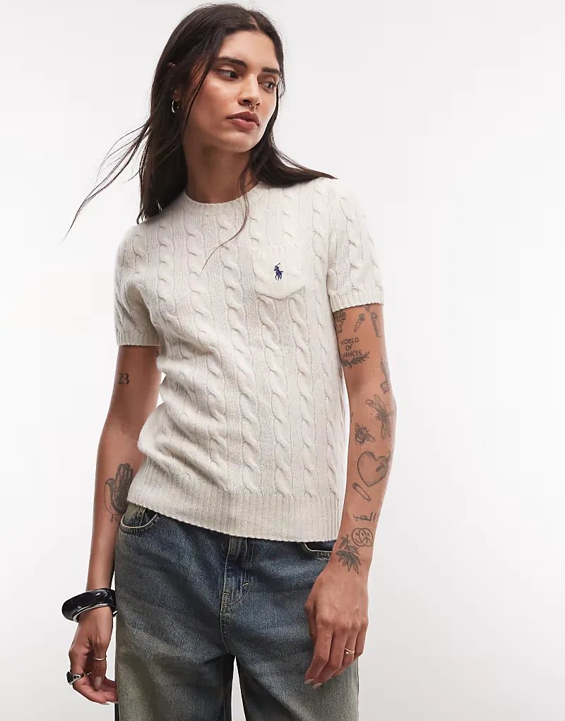 Джемпер Polo Ralph Lauren с логотипом Icon, приталенный, из хлопка, крупной вязки, с короткими рукавами, кремовый