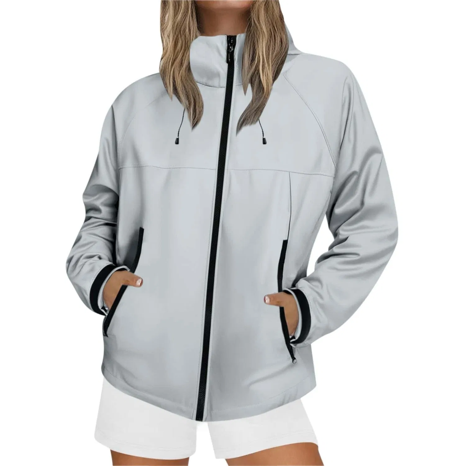 Женский длинный плащ с капюшоном и принтом, модель Long Trench Coat Hooded Waterproof, Cenere Chiaro
