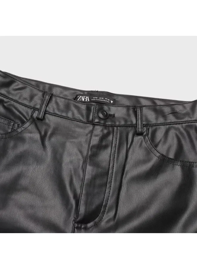Брюки кожаные прямые свободные Zara, черный — фото 4