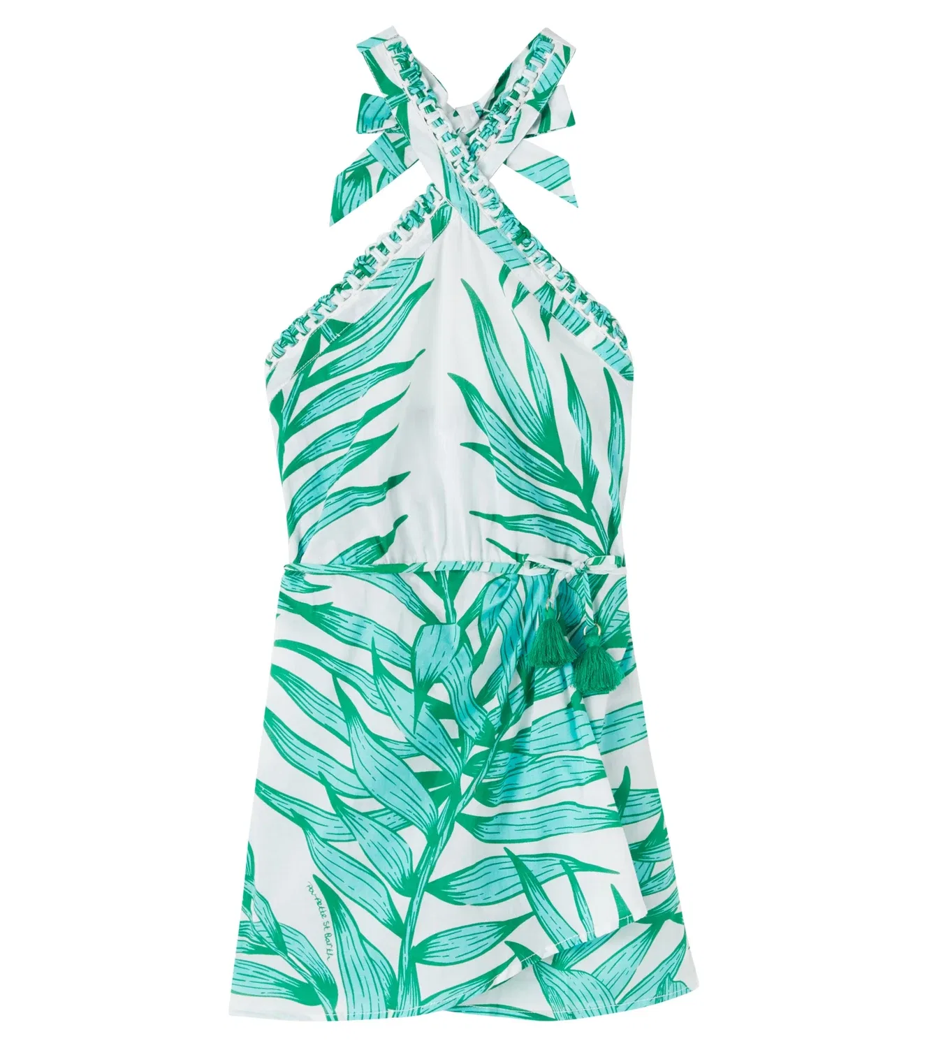 Платье с завязками-халтером Manon Poupette St Barth Kids, Green Palm Leaf