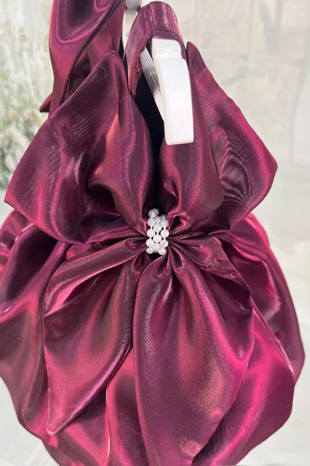 Детское платье для девочек с принтом Balloon skirt plum pearl detailed bow evening dress Bertuğ Bebek, Purple — фото 4