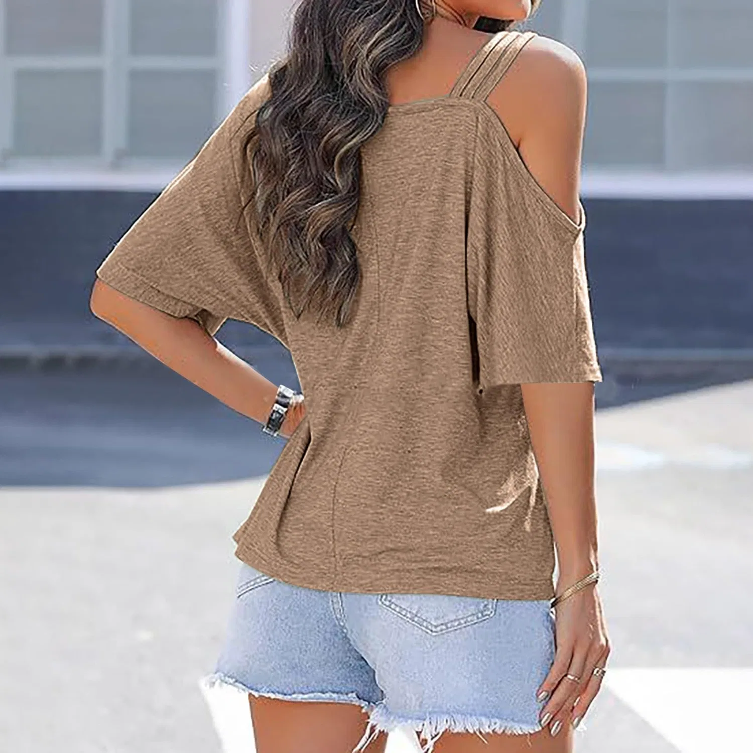 Женская блузка с одним рукавом, свободного кроя, Dark Khaki — фото 2