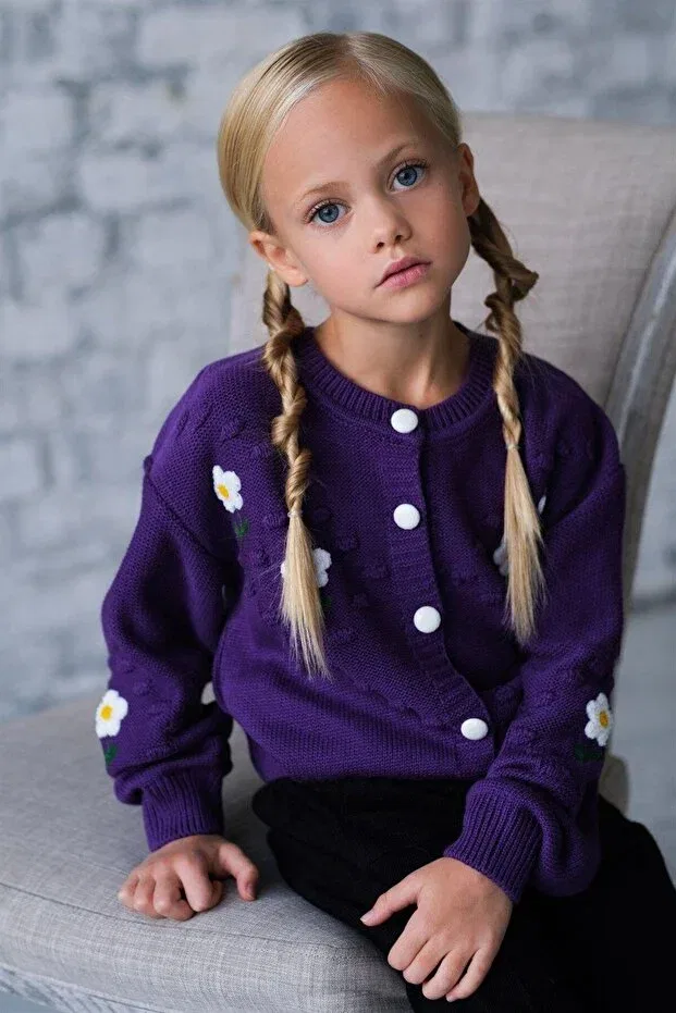 Детский кардиган с принтом Daisy Embroidered Knitwear Trousers Double Set Hilal Akıncı Kids, Purple — фото 2