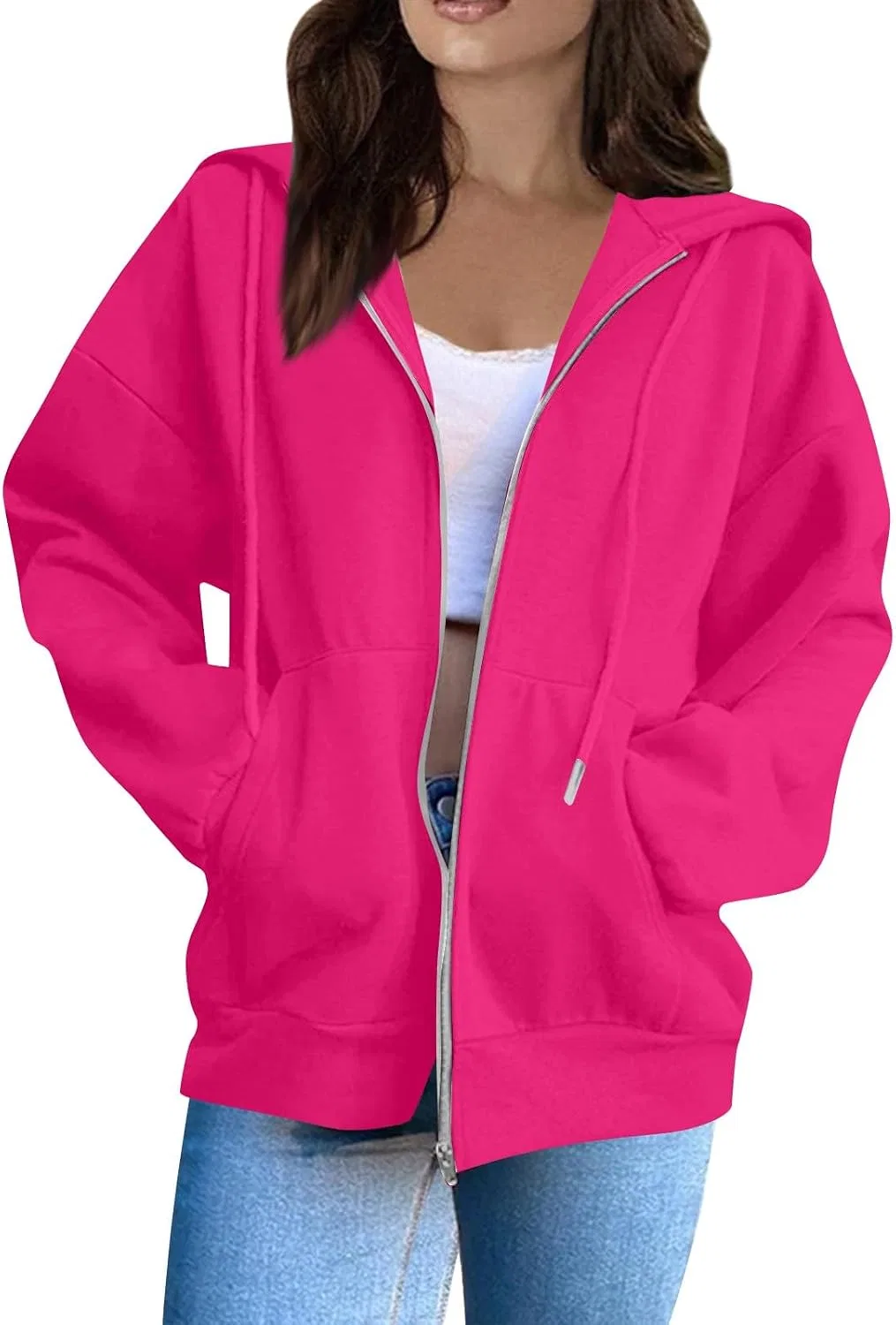Женское худи на молнии оверсайз с капюшоном, S135-Hot Pink