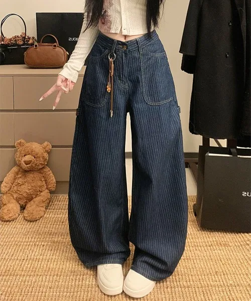 Детские джинсы свободного кроя с полосатым принтом Meryl Stripe Denim Wide Baguette Painter Pants NEW GENTLEMAN, Синий — фото 2