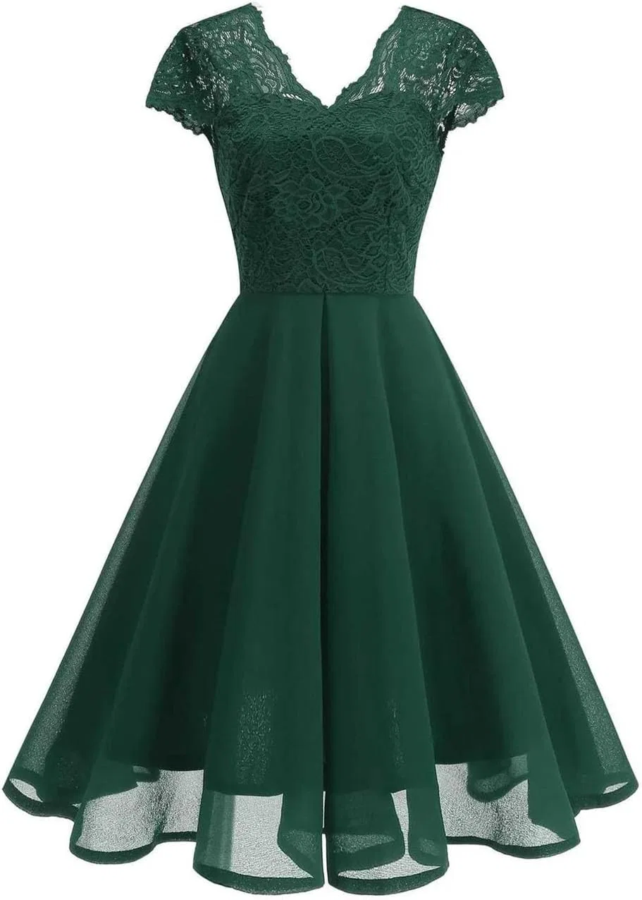 Женское платье миди свинг с V-образным вырезом и кружевом, Navy Blue — фото 2