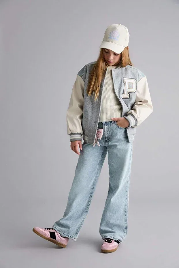 Детское пальто-бомбер с принтом для девочек College Collar Back Printed Bomber Coat Defacto, Gray-Gr379 — фото 2